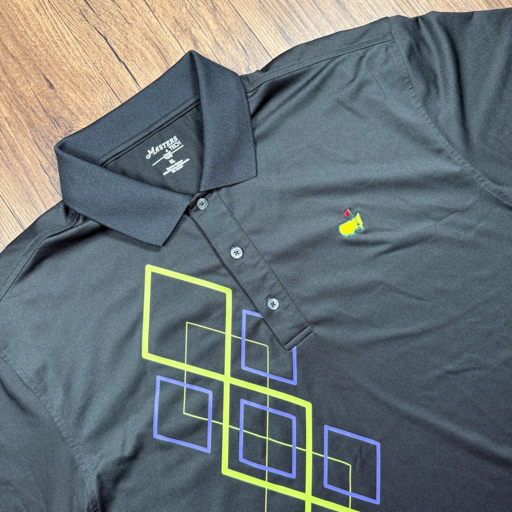 Masters Tech Golf Polo Shirt Mens XL Black Geometric Diamond Argyle Retro Logo‎